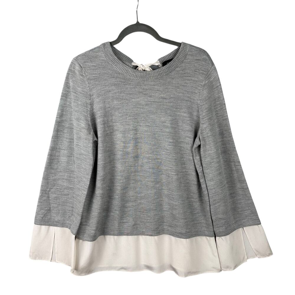 St. John Grey Wool Silk Contrast Tie-Back Pullover Size M Long Sleeve Knit Top